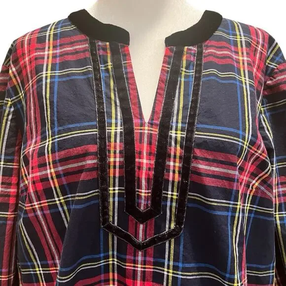 Talbots Velvet Trim Top Red Plaid Long Sleeve Split Neck Womens XL Christmas - Picture 2 of 12